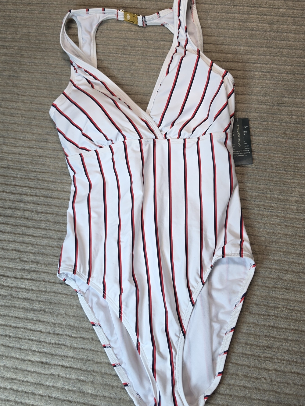 LAUREN RALPH LAUREN Dylan Stripe VNeck One Piece Swimsuit Size 6 Coastal White